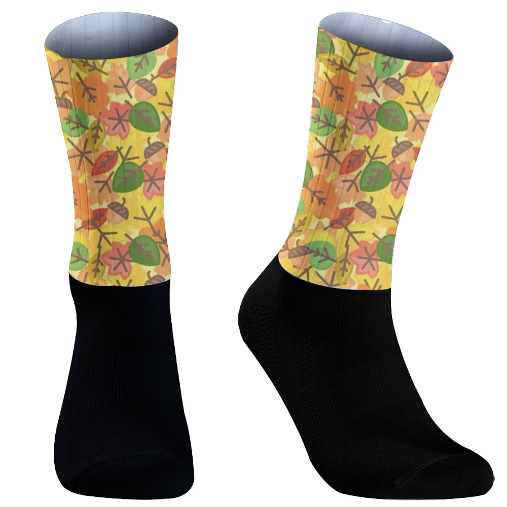 Calcetines de ciclismo con estampado de hojas de arce para hombre, Medias de Color de contraste de arcoíris, talla grande a rayas, novedad