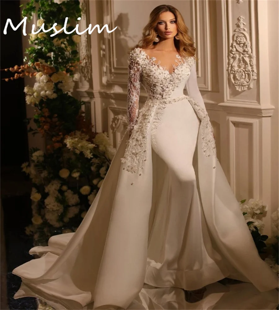 Extravagant Mermaid Wedding Dress With Detachable Train Long Sleeve 2 In 1 Overskirt Flower Beaded Church Bridal Gown Customzied