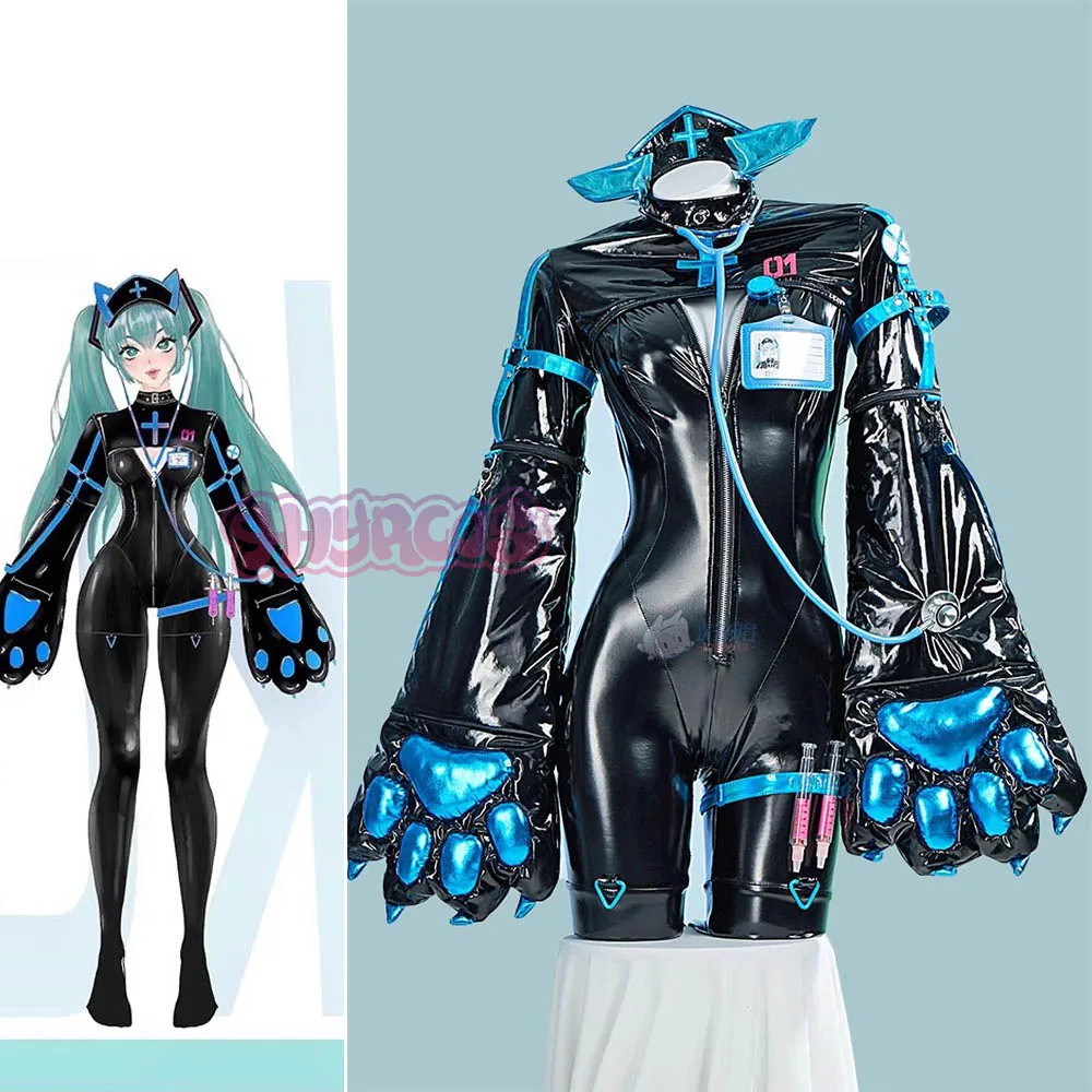 Anime Mikuu Cosplay Costumes Sexy Nurse Jumpsuit School Uniform JK Dress Halloween Costume Sexy Leather Big Claw PU leather Wig