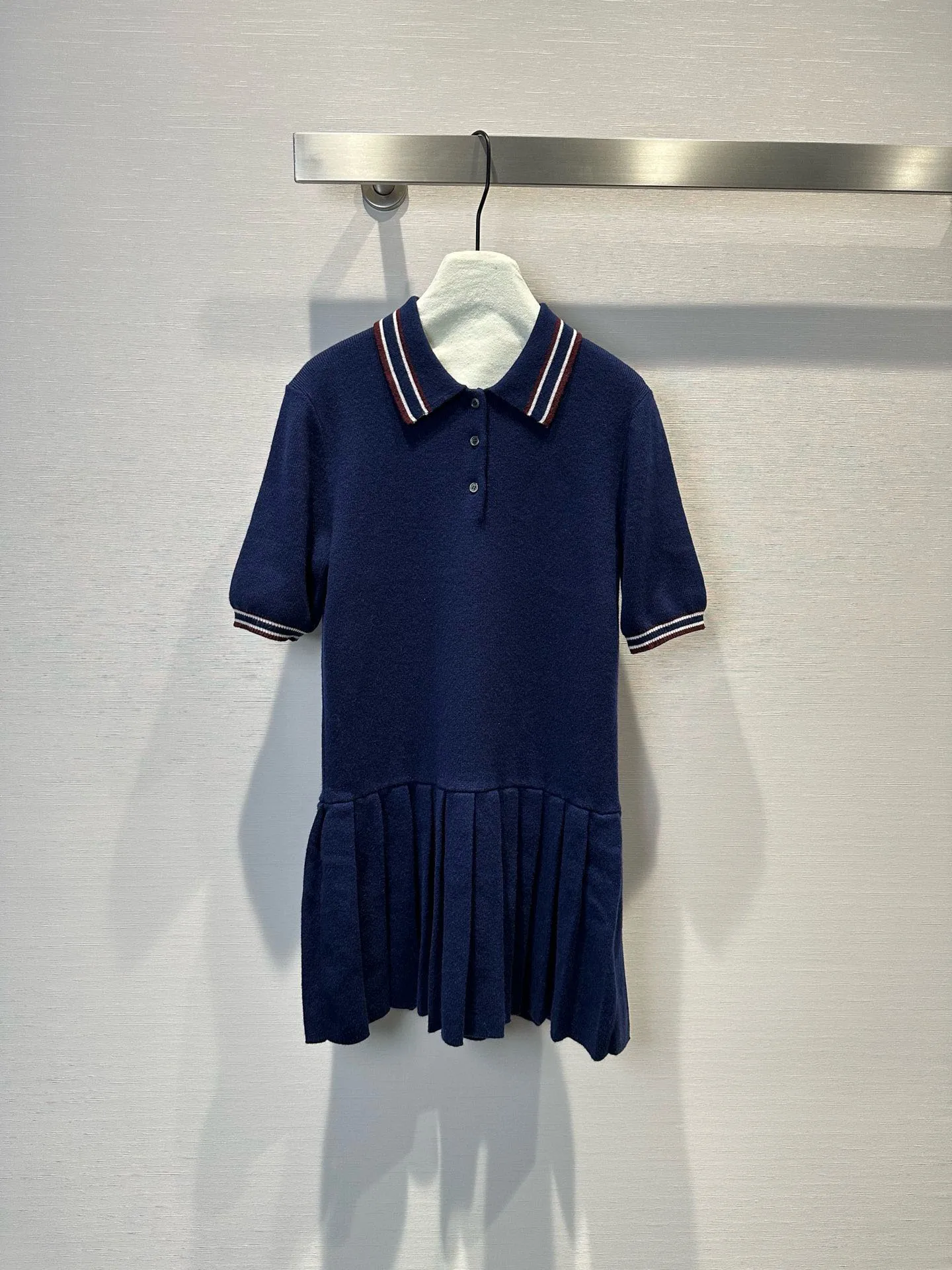 2025 Early Spring New Product: Navy Blue College Style Pleated Dress/Knit Sweater, Striped Polo Collar, Vintage Youthful Style