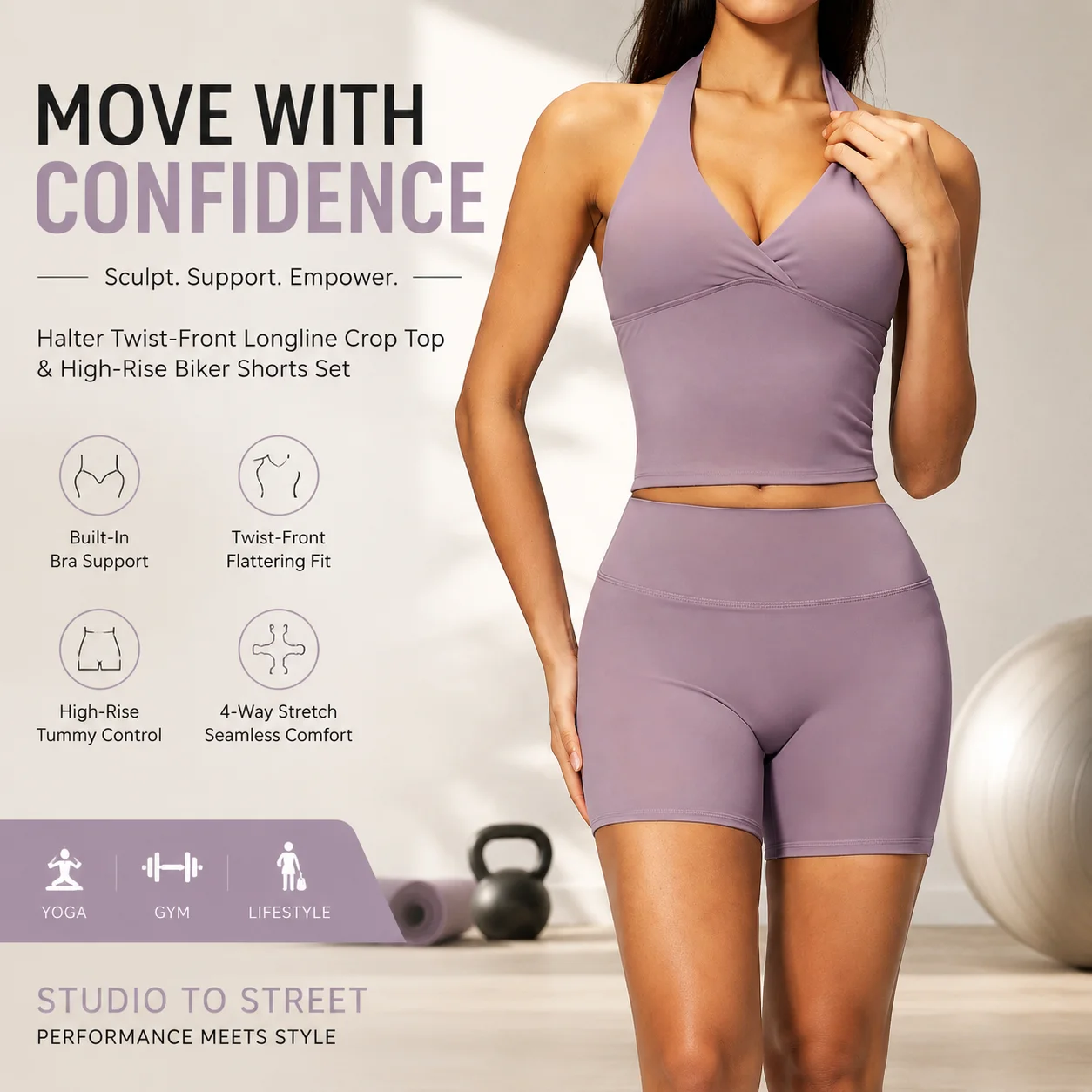 Women's Flattering Halter Twist-Front Longline Crop Top & High-Rise Biker Shorts Set Seamless Sculpting 2-Piece Gym Outfit with