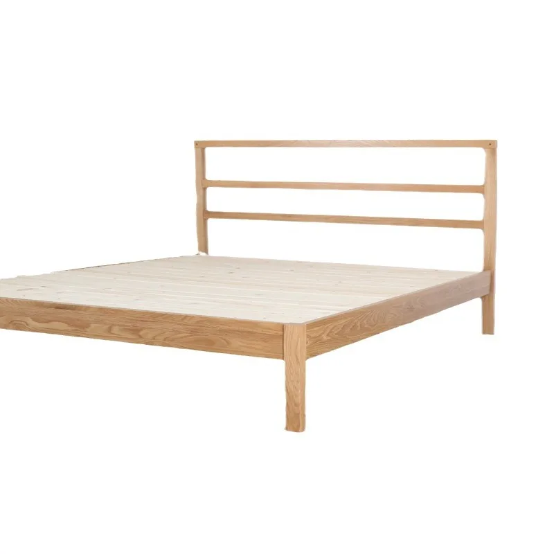 #French Modern American-Style Double Bed with Leather Upholstery Oak Frame Elegant Curves
