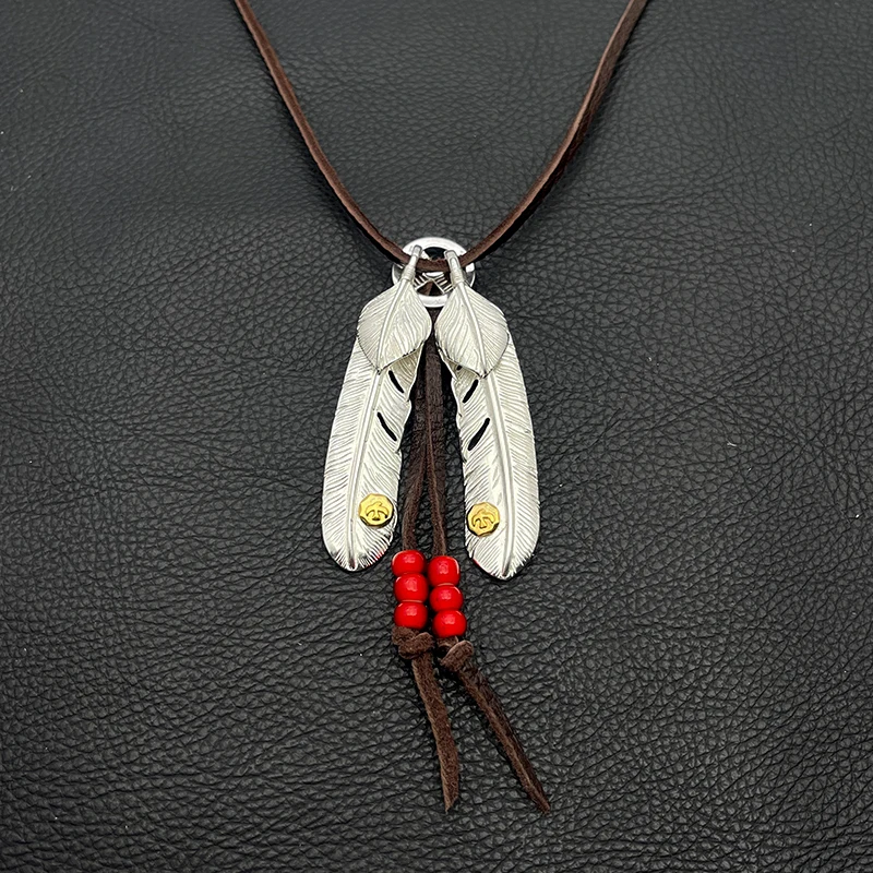 Handmade Alloy Double Color Feather Pendant Deerskin Leather Necklace, Goros Unisex Fashion Jewelry, Trendy Holiday Party Charm