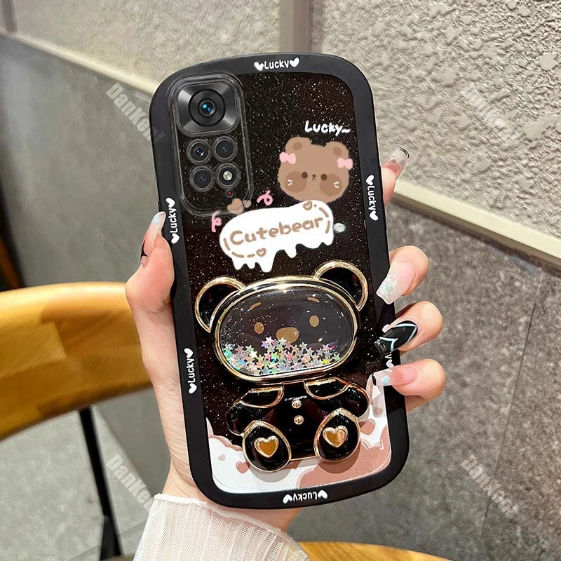 Bear Makeup Mirror Silicone Holder Phone Case For Xiaomi Redmi Note 11 11Pro 11T 11S 11ProPlus 12Pro 12 12S 10Pro 10 9 9S Cover