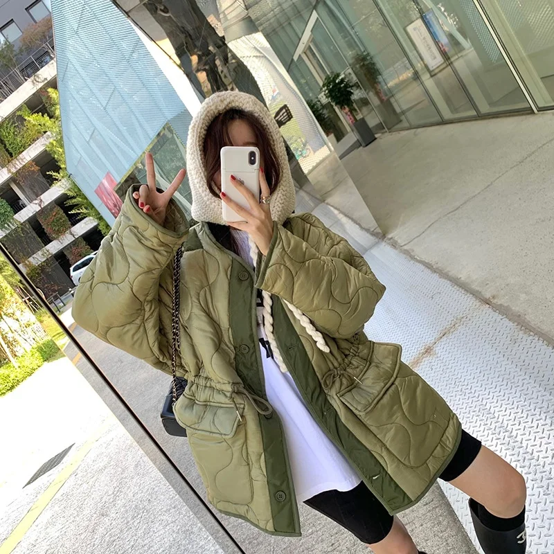 

Retro Chic Casual Dstring Water Ripple Large ket Loose Cotton Jaet Women's Faion Commute Sle Long Sve Coat