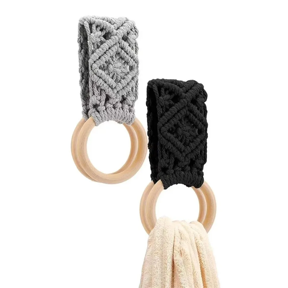 Cotton Rope Macrame Towel Holder Wooden Ring Hand Woven Towel Ring Holder Wall Hanging Boho Style Hand Towel Hanger Home Decor