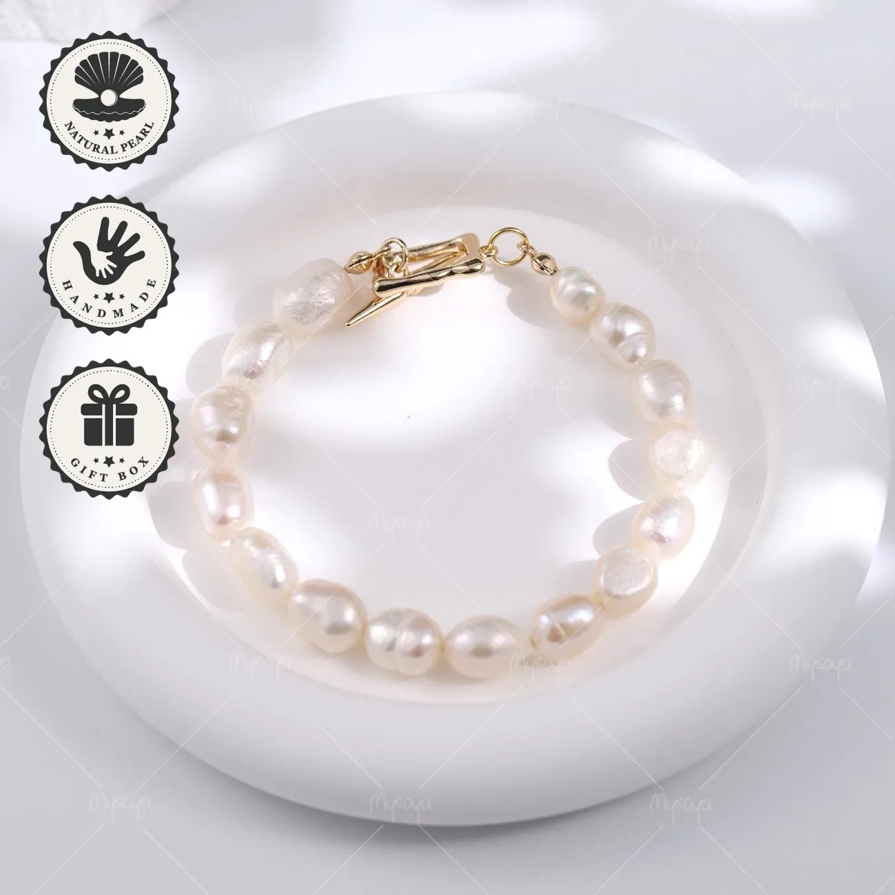 

Браслет Mysoya из белого барочного пресноводного жемчуга 8–9 мм с золотой квадратной застежкой и подарочной коробкой, подарок на День святого Валентина или день рождения для нее
