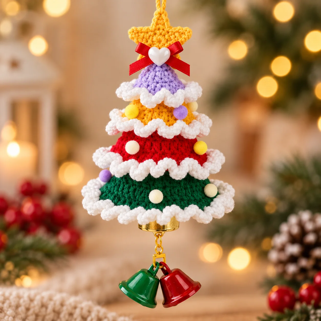 Handmade Crochet Christmas Tree Wind Chime with Red & Green Bells Star Bow Pom Pom Hanging Ornament Holiday Home Decor Gift