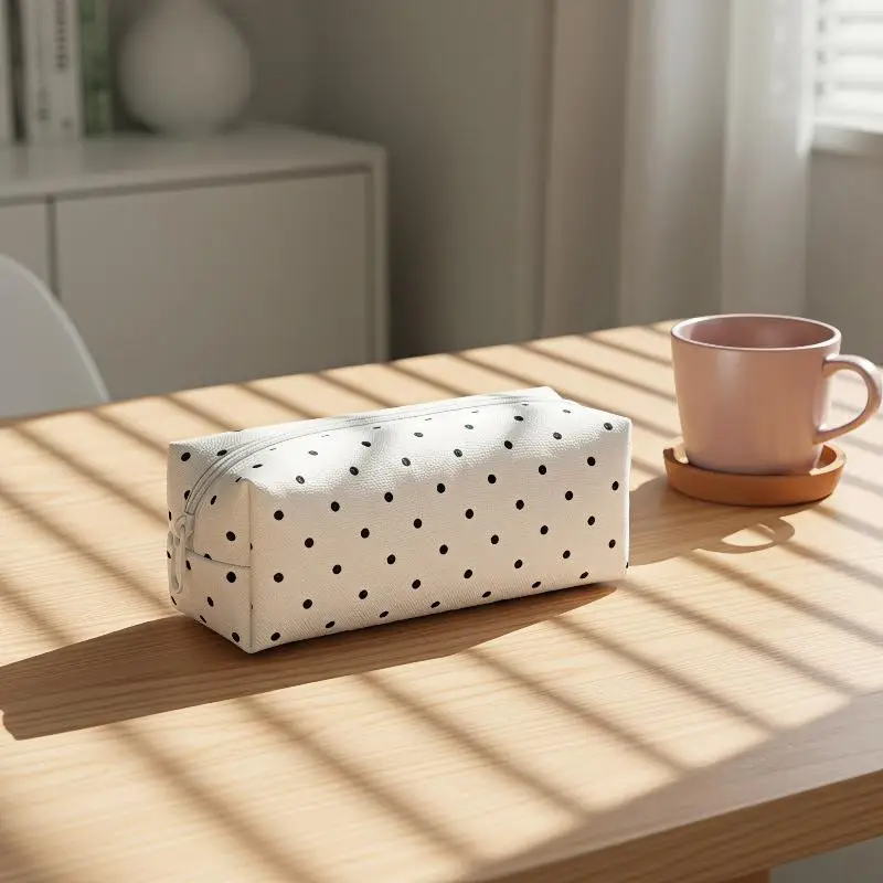 Ästhetisches Polka-Dot-Federmäppchen mit großer Kapazität und weicher Oberfläche für Studenten, Schule, Arbeit und Reisen – Detail 4