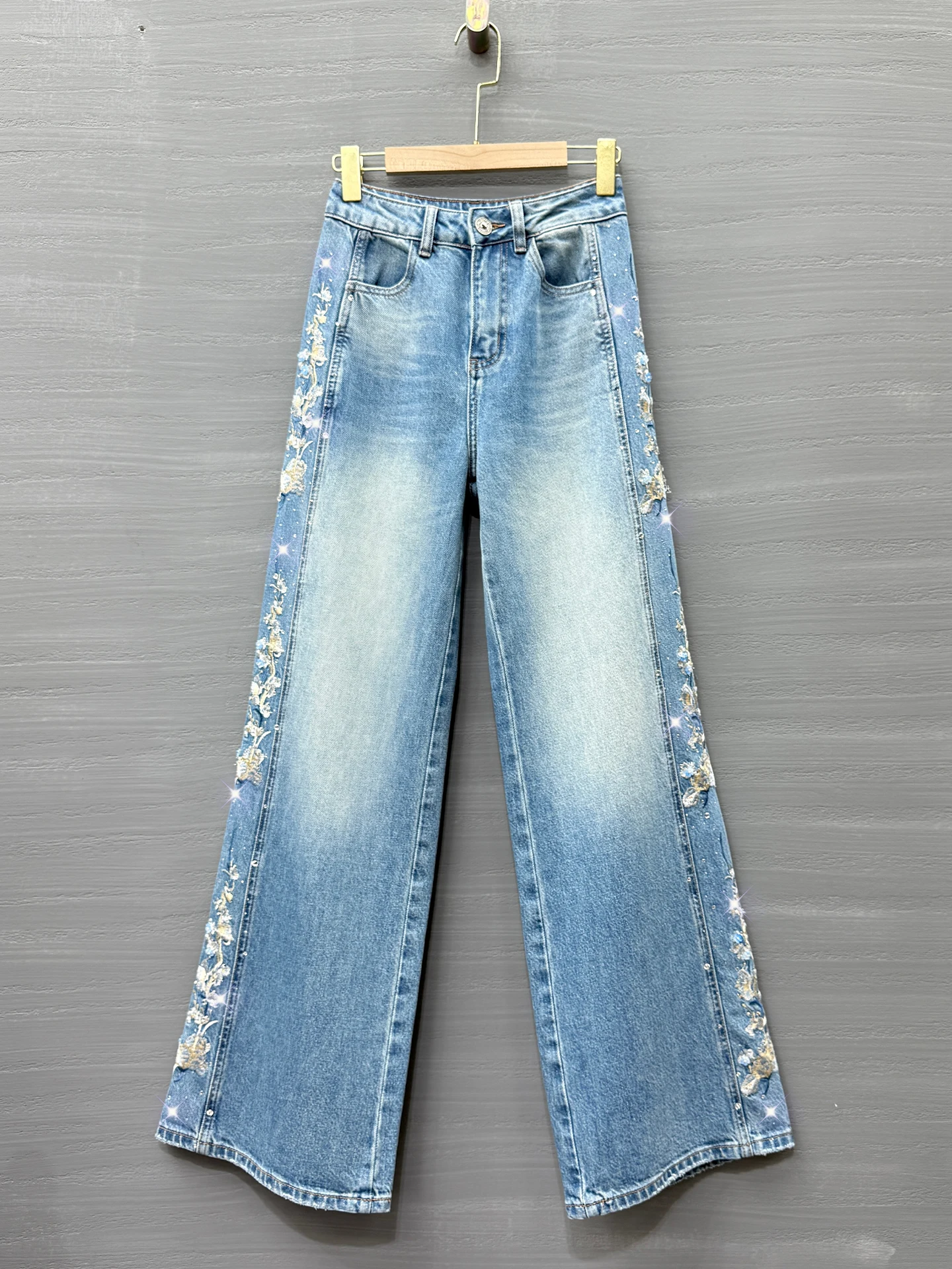 

Retro Embroidered High Waist Wide Leg Jeans Women's Spring New Style Slimming Diamond Heat Transfer Floor Length Pants