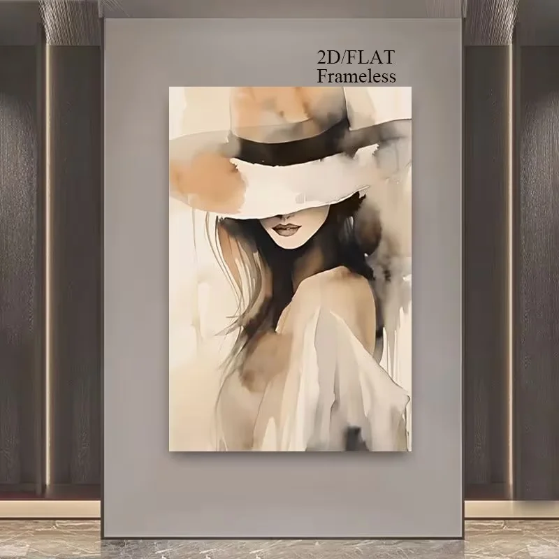 2D Flat, 1pc Modern Minimalist Woman Profile Wall - Wide-Brimmed Hat Female Figure Painting, HD Suitable for Living Room, Bedroo