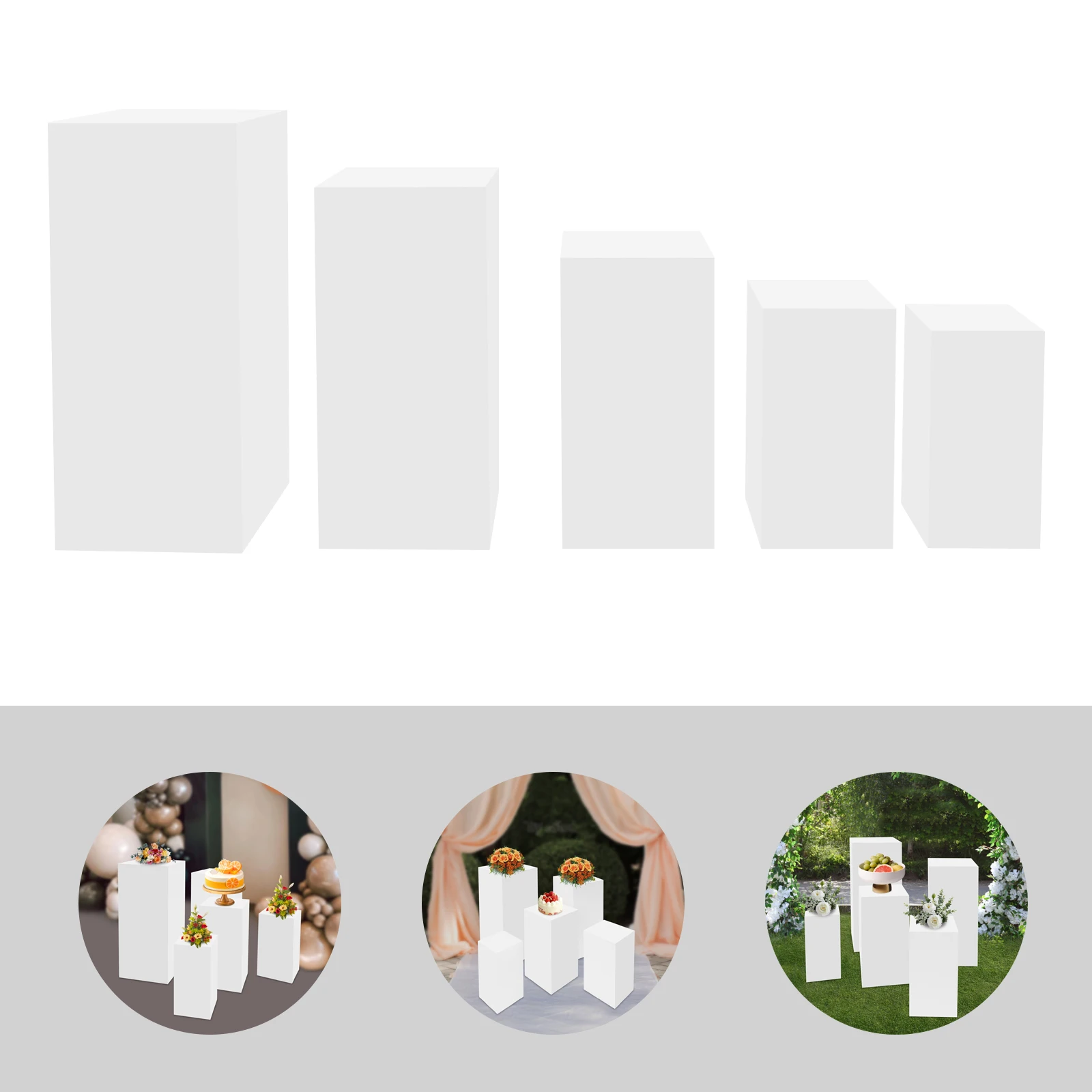

5 Pack White Cake Pedestal Stands,Square Iron Pedestal Stand Free Standing 88x38+75x34+60x30+50x26+45x22cm for Display Cakes
