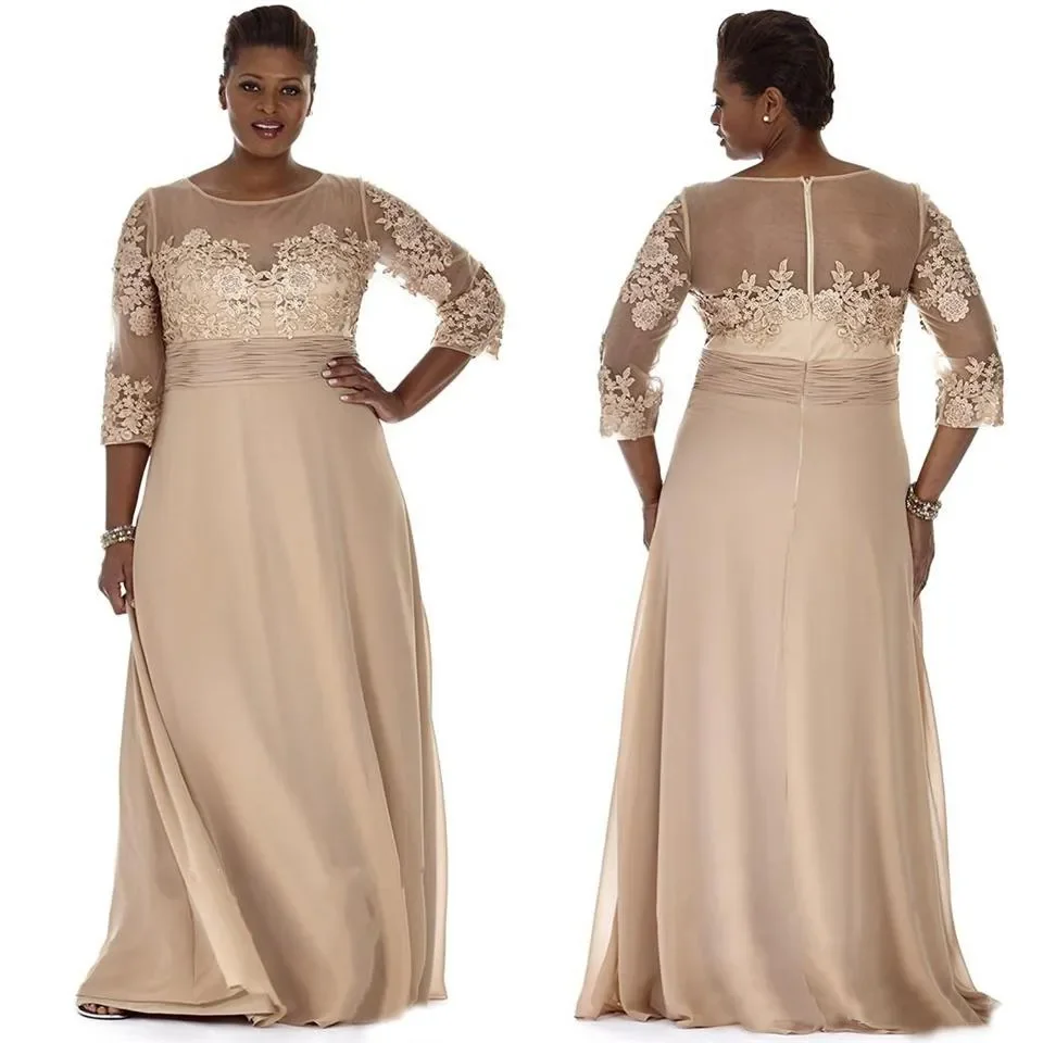 

Champagne Plus Size Dresses Sheer Neck Long Sleeve Mother Party Prom Dress For Special Occasion With Lace Appliques Bridesmaid