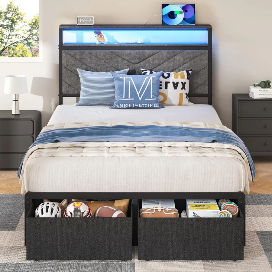 Grey Platform Bed Frame with Upholstered Headboard Twin Size Bed with Built-in Charging Station and LED Lights 2 Storage Drawer