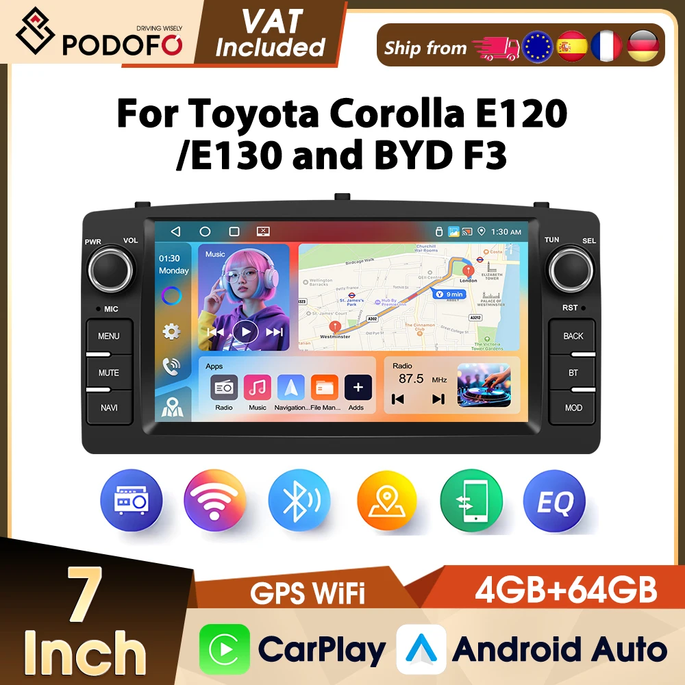 Autoradio Podofo 2Din con schermo TFT capacitivo, Carplay, Android Auto, GPS, lettore multimediale per auto, per Toyota Corolla E120/E130 BYD F3