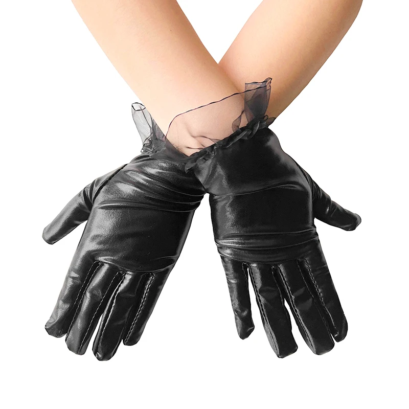 Mode Sexy Kant Korte Handschoenen Vrouwen Lakleer Handschoenen Gothic Ruches Volle Vinger Handschoenen Dames Nachtclub Dans Wanten