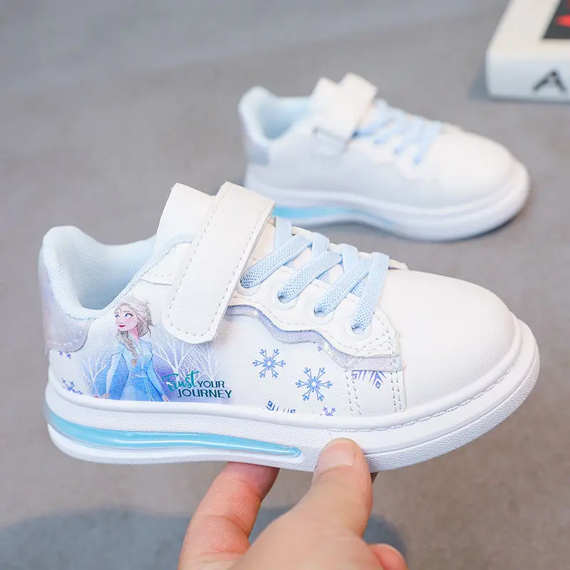 Disney spring and autumn new girls casual shoes Elsa princess students soft sole white shoes waterproof leather sneakers