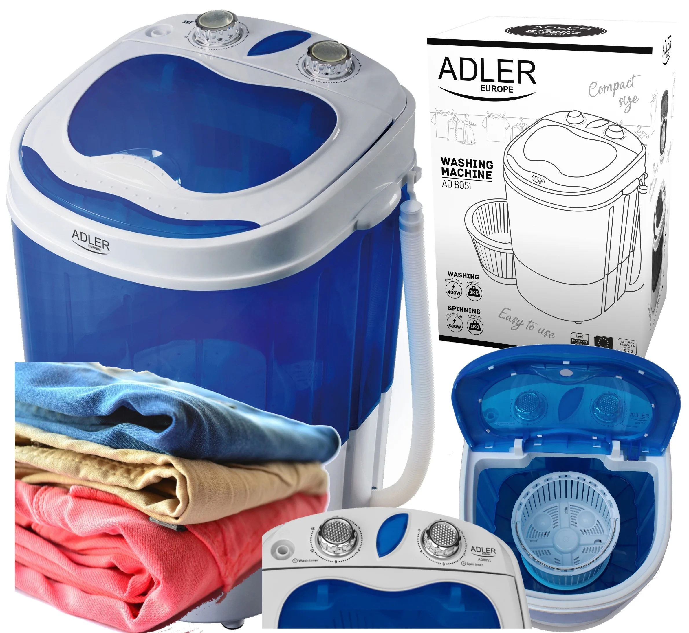 Touristische Waschmaschine mit Drehfunktion, 3 kg Tragkraft, 400 W, geringer Wasser- und Energieverbrauch, kompakte Abmessungen.