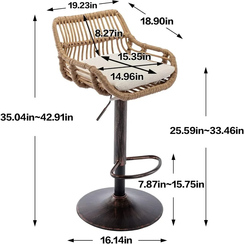 XMSJ Set bangku Bar rotan 2 potong, bangku Bar dapat disetel dengan bantal Linen, sandaran rendah 360 ° dan bangku Bar putar sandaran kaki