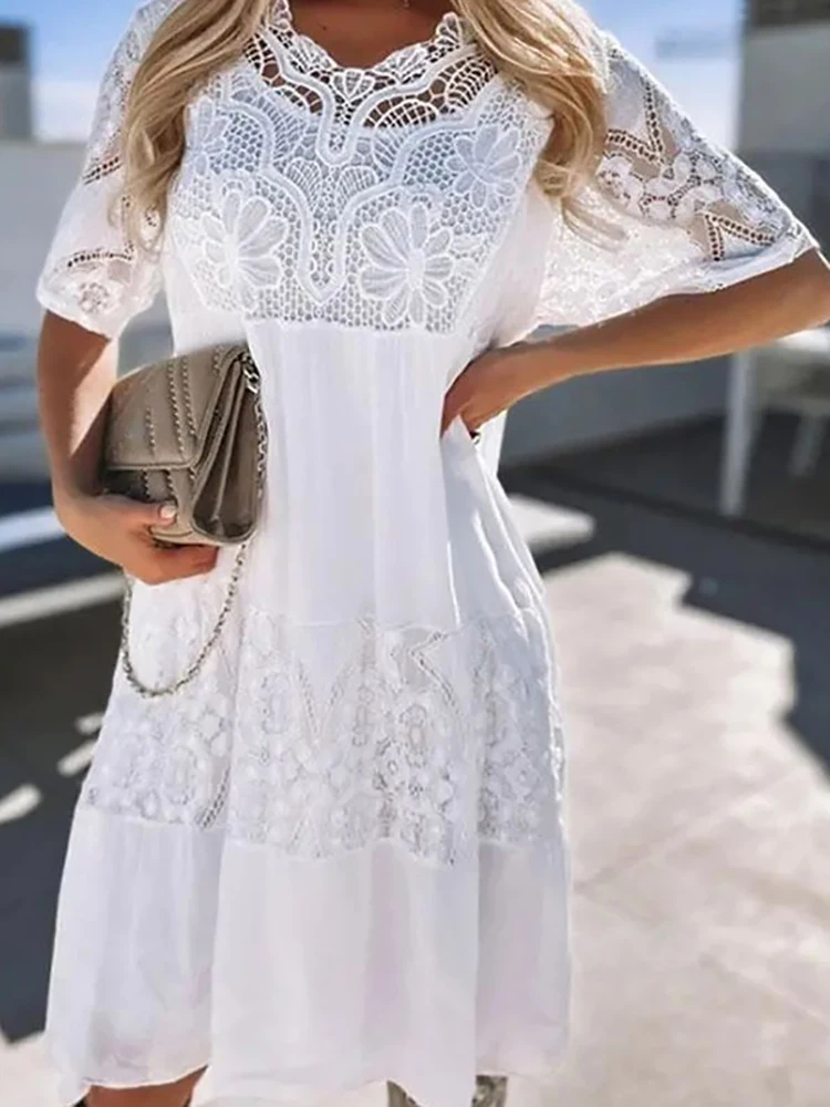 Short Sleeve Lace Patchwork Round Neck Dress Summer Elegant Women Solid Slim Dress Party Club Femme Mini Hollow Dress Vestidos