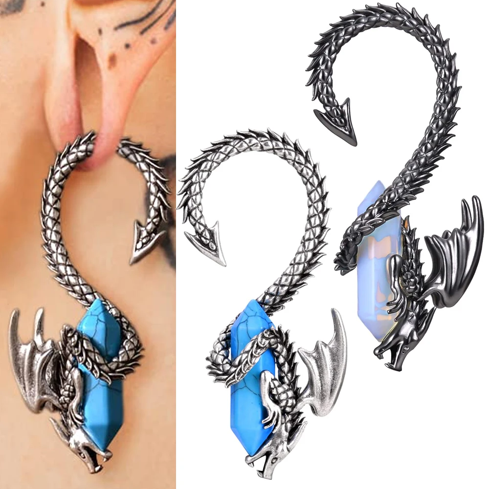 1PC Copper Dragon Entangled Stone Ear Weights Hangers For Stretched Ears Gauges Ear Plugs Tunnels Body Piercing Jewelry