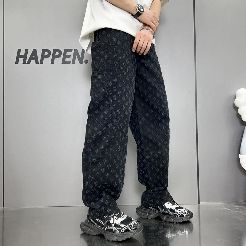 2024 Hip Pop Baggy Jeans Men Jacquard Wide Leg Loosen Fit Male's Denim Pants 100% Cotton Tousers