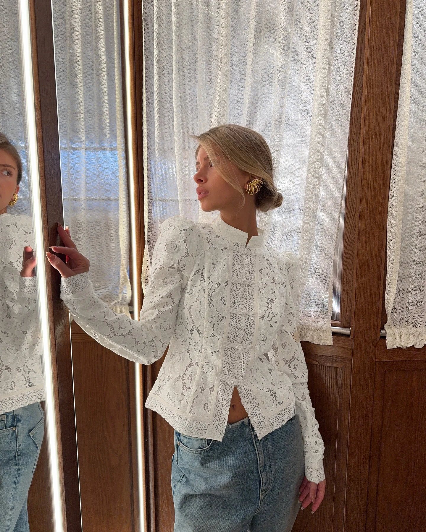 Hollow Lace Knitted Shirt Retro Button Design Stand Collar Long Sleeve Slim Shirt 2025 Women's New Summer Commuter Sexy Top