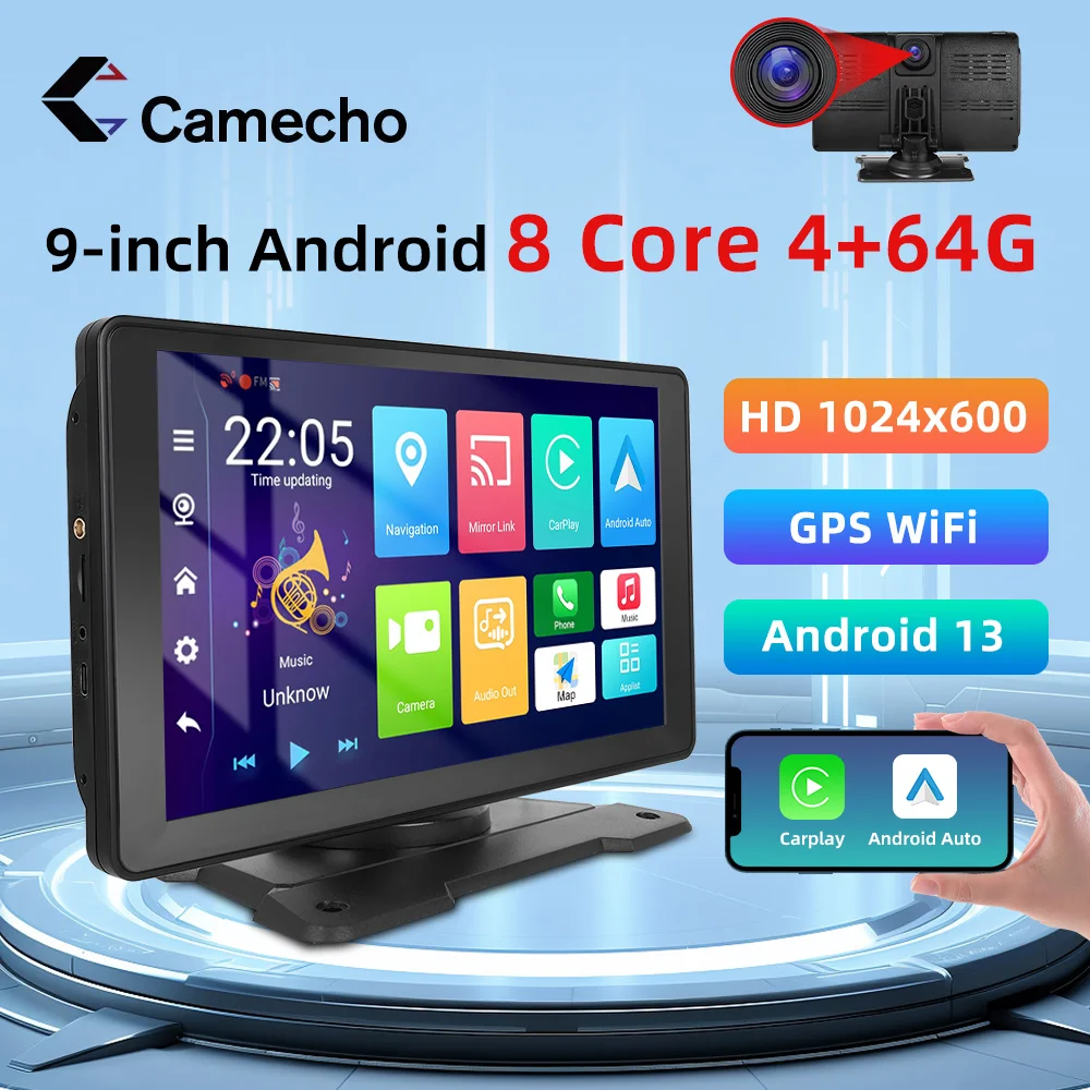 

Camecho 9" Android 4+64 Car Stereo Radio Wireless Carplay Android auto Wifi GPS Bluetooth DVR Automotive HD Screen Car Monitor