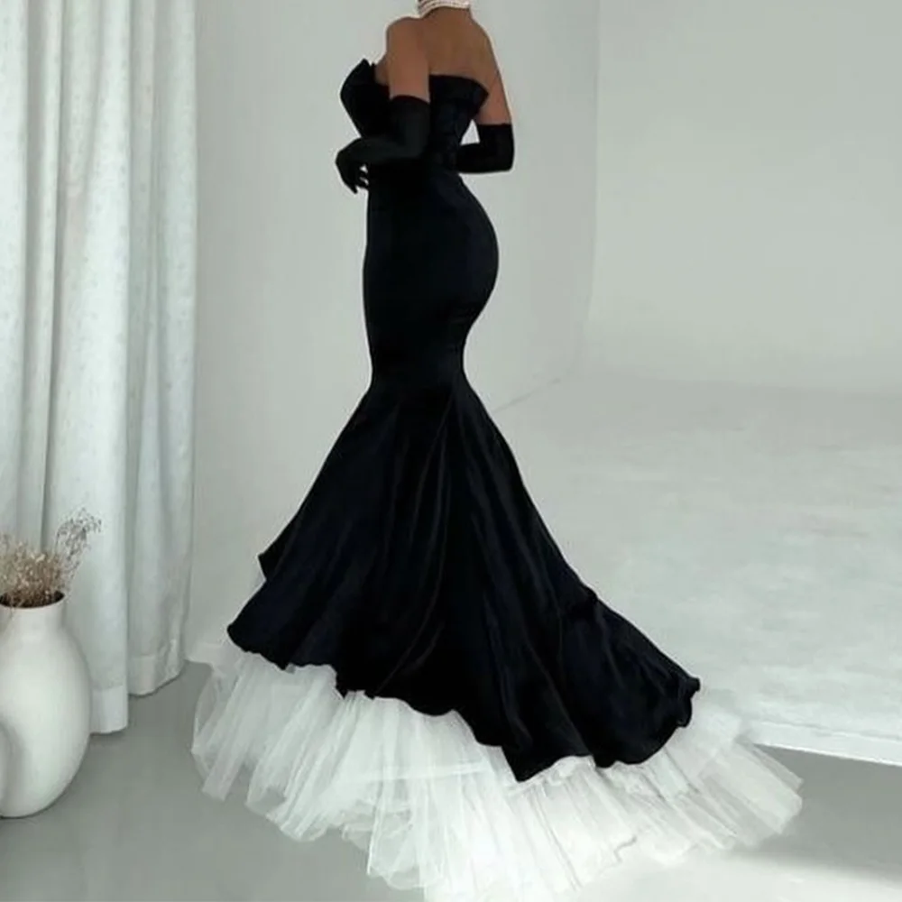 Mermaid Strapless Detachable Sleeves Satin Long Sleeves Black Modern and Elegant Evening Gowns Organza Pleats Saudi Arabia 2024