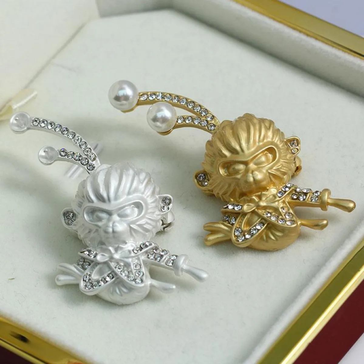 Brass Gold Plated Monkey King Brooch Blank, Chinese Style Sun Wukong, Creative DIY Pearl Corsage Accessory