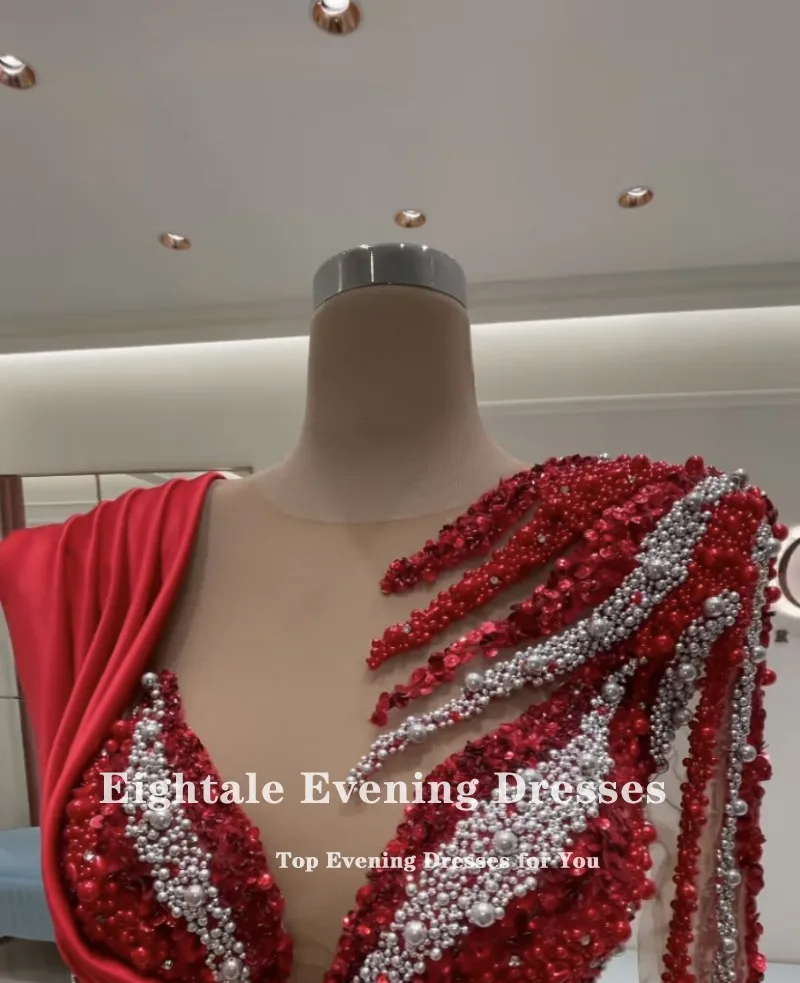 Eightale árabe vestidos de noite com pérolas o pescoço frisado manga longa dubai vestido de baile vermelho sereia cetim celebridade festa vestido