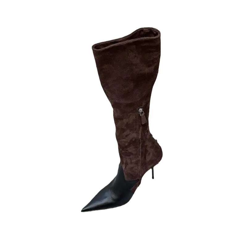 

Suede Leather Pointed Toe Vintage Knee High Boots Women's Zip Western Long Boot Big Size Luxury Designer Sexy Shoes
