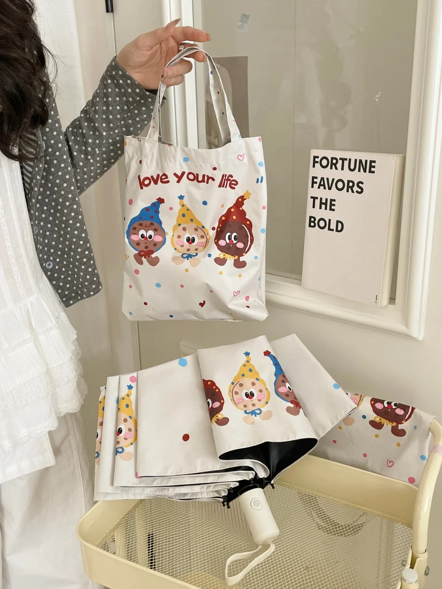 

Портативный автоматический зонт с мультяшным рисунком для женщин, для солнца и дождя, с высокой эстетической ценностью, с черным клеевым покрытием, солнцезащитный зонт C...