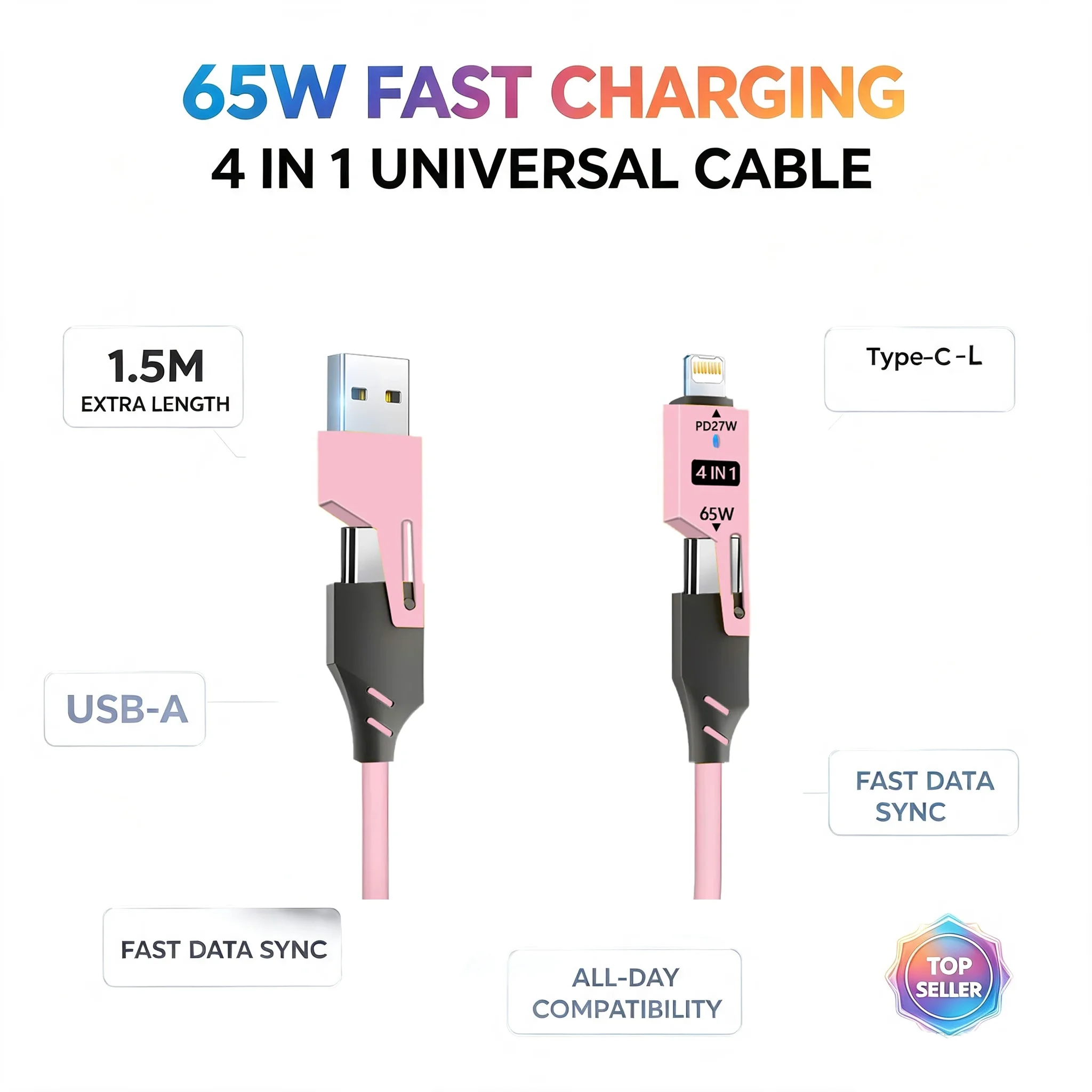 4 in 1 PD 27W 65W Fast Charging Spring Cable USB Type C To Type C And L Data Cable Wire For iPhone 15 16 For Samsung For Xiaomi