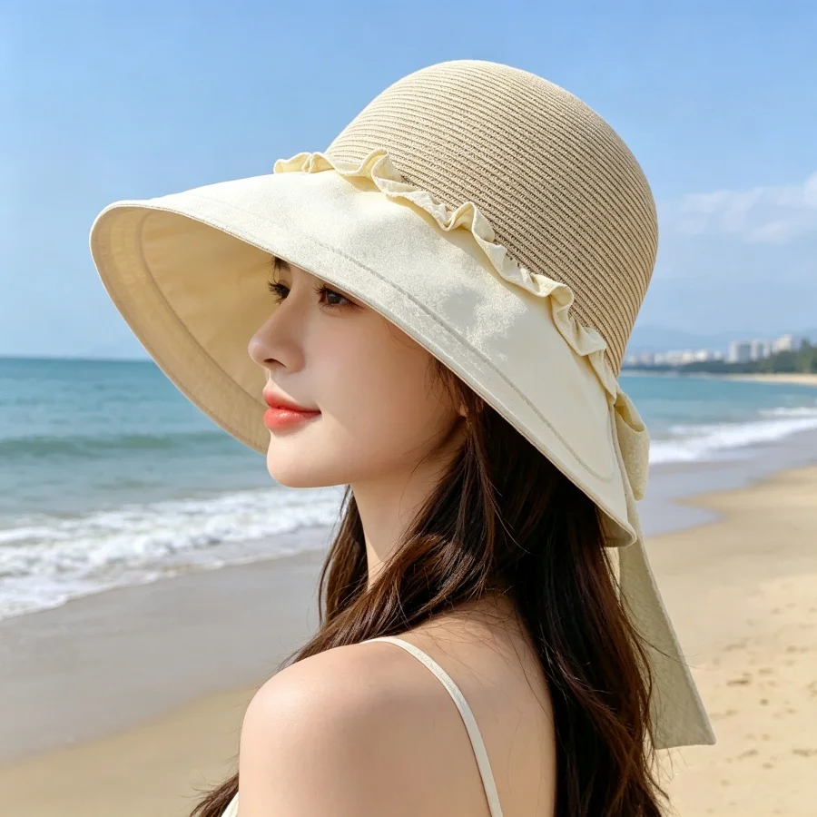 Korean-Style Patchwork Straw Sun Hat with Wide Brim, Ruffled Edge and Tie Design, a Must-Have Sun Protection Summer Hat for Beach Vacations and Pairing with Dresses