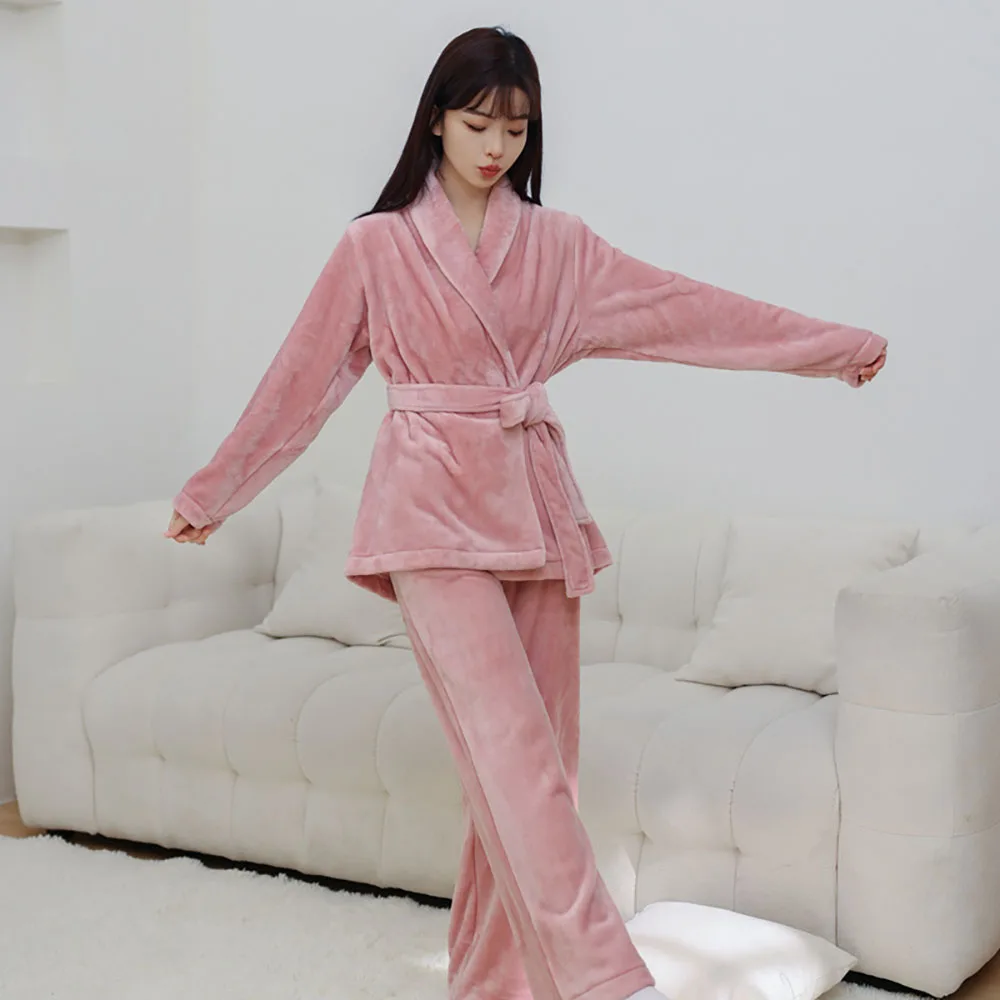 Simple Solid Flannel Home Couple Pajamas Winter Long Sleeve Trousers V-neck Coral Velvet Thick Warm Sleepwear Set For Women Men