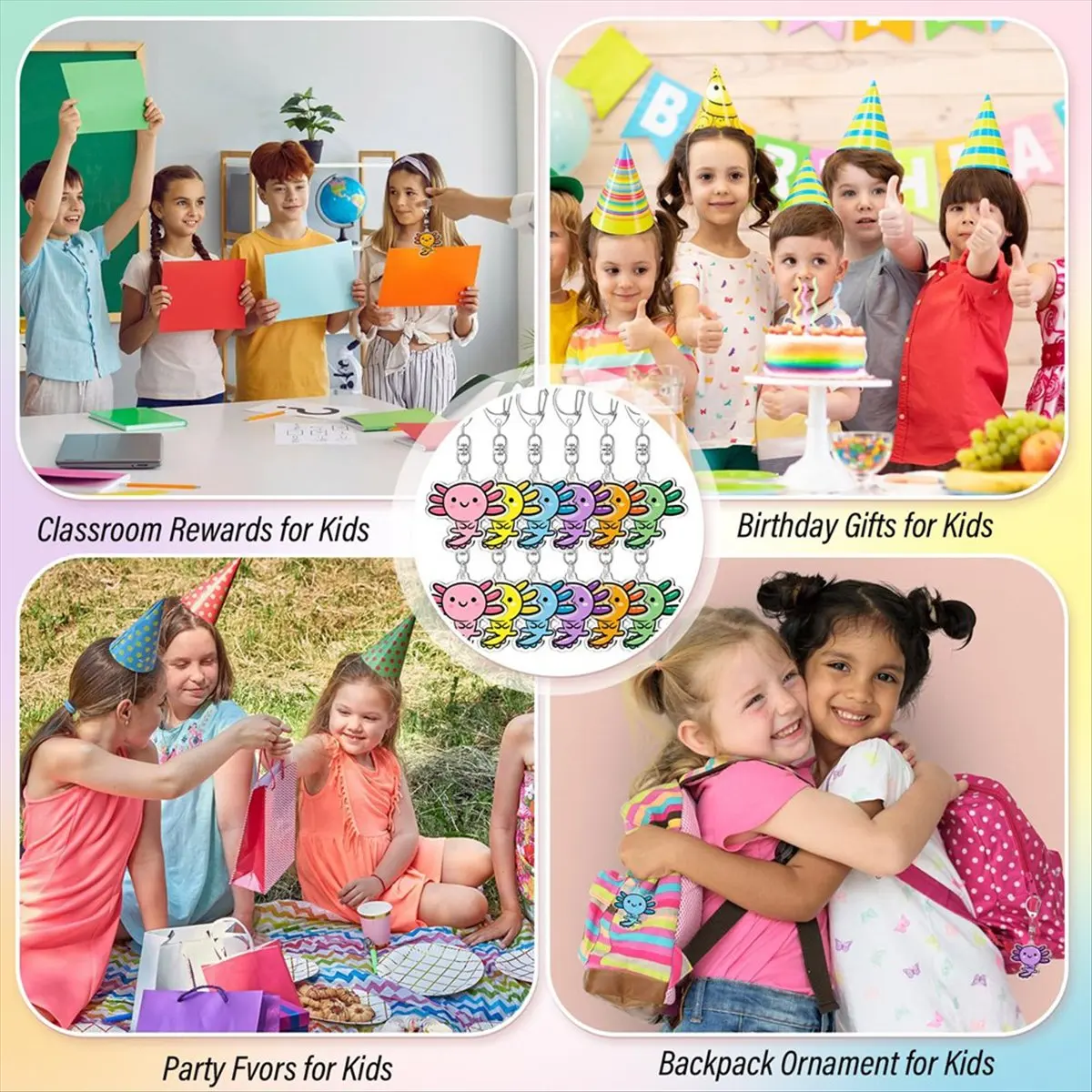 

A008 24 шт. Брелки-подвески Аксолотль — разноцветные сувениры для вечеринок на дни рождения, школьные подарки и украшения