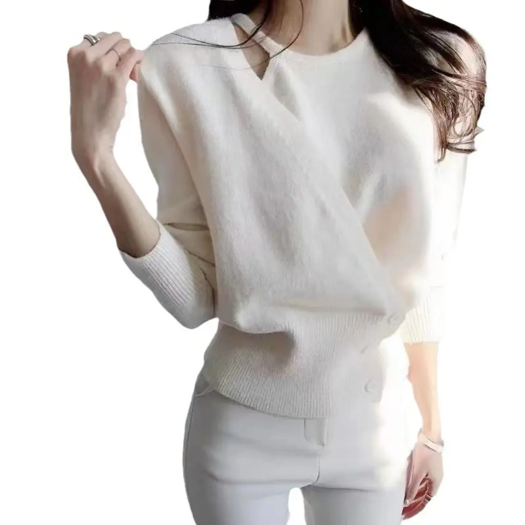 

Women's Korean Style Off-Shoulder Knitted Sweater Chic Solid Color Pullover Tight Waist Elegant Neck Design Fake Two-Piece