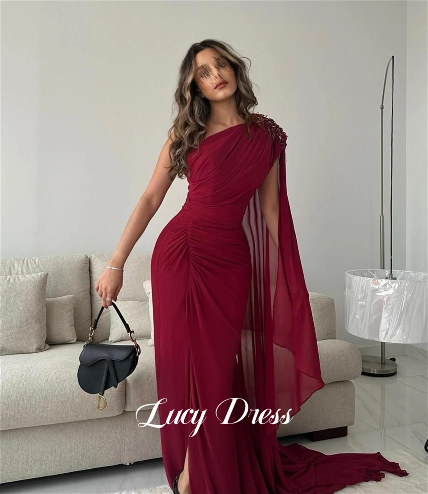 Lucy Ball Gown Graduation One Shoulder Sleeve Party Dress Claret Shawl Chiffon Eid Prom Dresses 2024 Luxury Happy Sharon