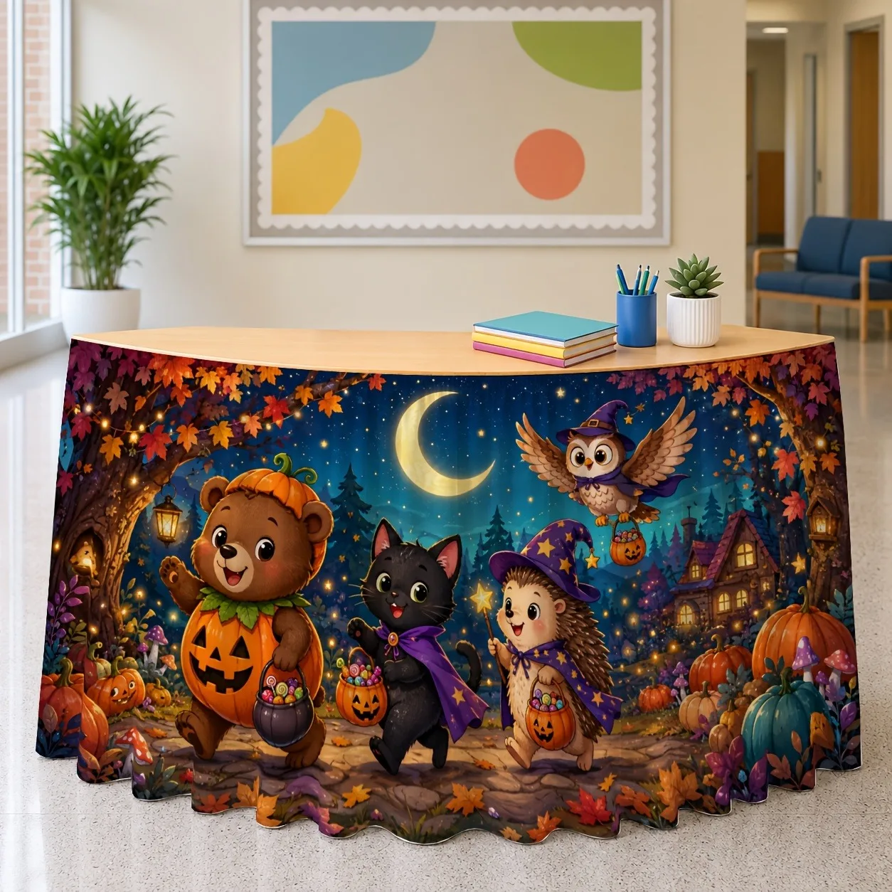 1pc Halloween-themed cartoon animal forest night scene harvest autumn color party table skirt