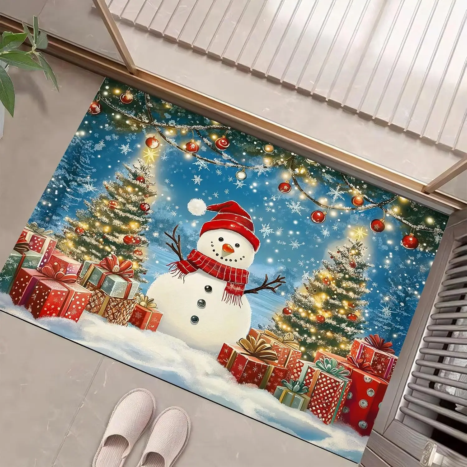 Green Christmas Welcome Doormat, Snowman Christmas Tree Gift Box Elements Home Decor Low-Profile Switch Rug Door Mat Floor Mat