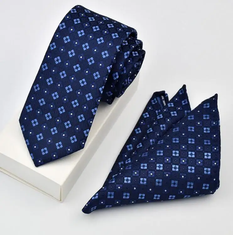 RBOCOTT Classic Blue Tie And Handkerchief Set 6cm Paisley & Plaid Neck Tie For Men Business wedding Gift two piece set