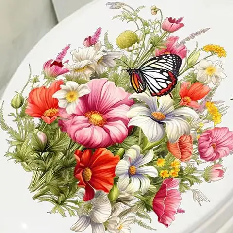 Butterfly & Flower Waterproof Toilet Seat Sticker Self-Adhesive Decorative Bathroom Decals for Toilet Beautification