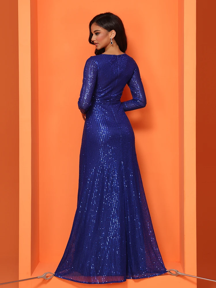 Lucyinlove Luxury V-Neck Sequins Royal Blue Evening Dress For 2024 Women Elegant Wedding Party Long Sleeve Prom Cocktail Dresses