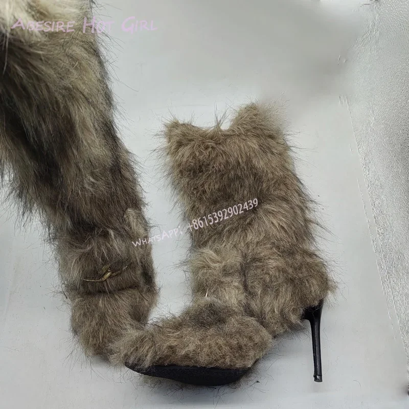 Woman Ink Green Winter Fur Plush Tassel Light Brown Boots Folded Knee Stiletto Booties Fringe Pleated Metal Button Spring Shoes