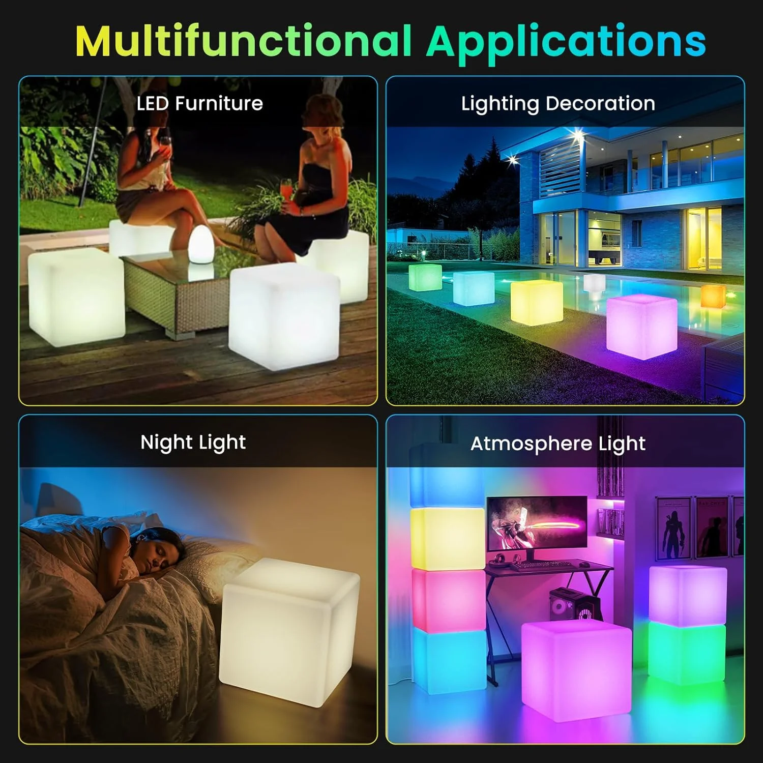 16 Colors LED Cube Solar Light USB Rechargeable Desktop Decorative Light Square Ambient Lamp with Controller for Party Camping