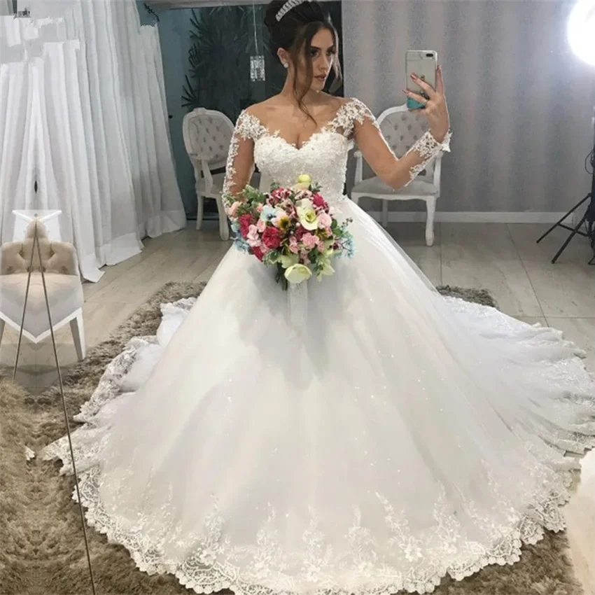 

Flavinke Customized Wedding Dresses For Bride Long Sleeves Lace Appliques Bridal Gowns Beads robe de mariee Vestidos De Noiva