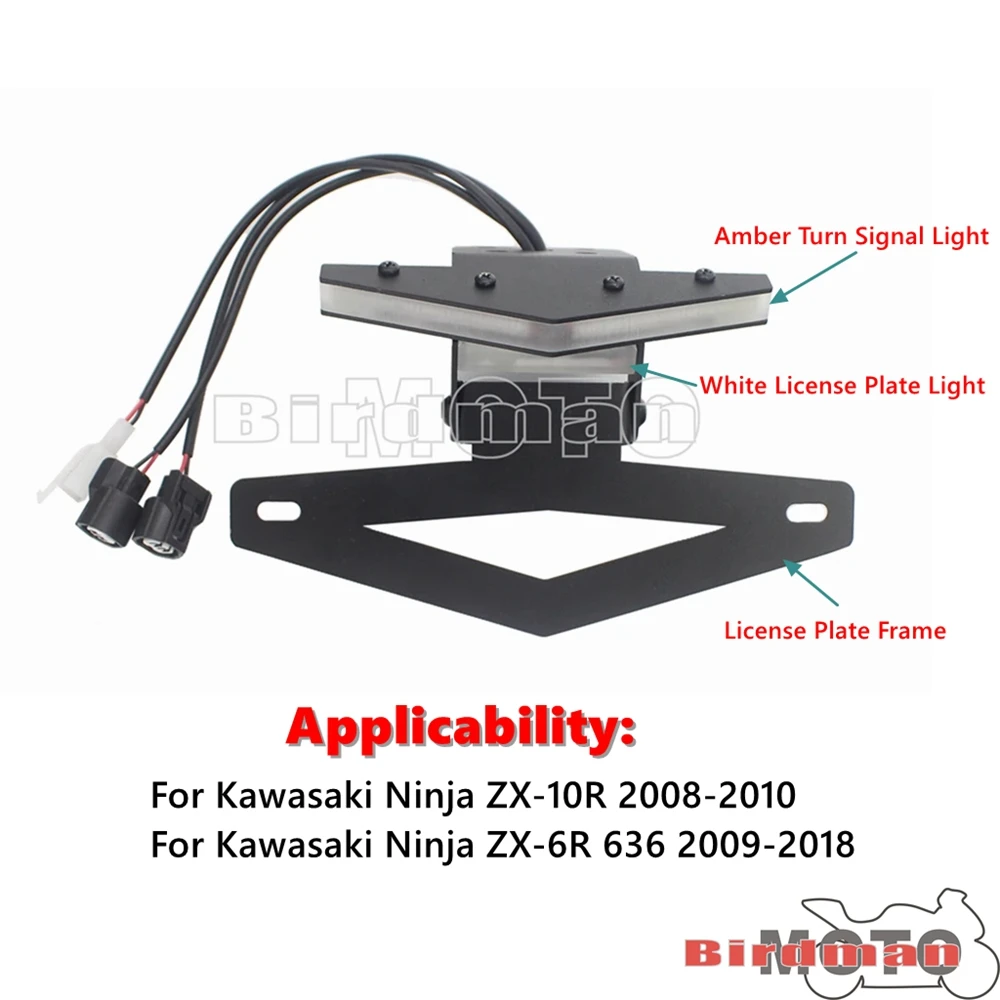 Lampu pelat sinyal belok LED rapi sepeda motor, braket Eliminator Fender untuk Kawasaki Ninja 363 ZX-6R 2009-18 ZX-10R 2008-2010