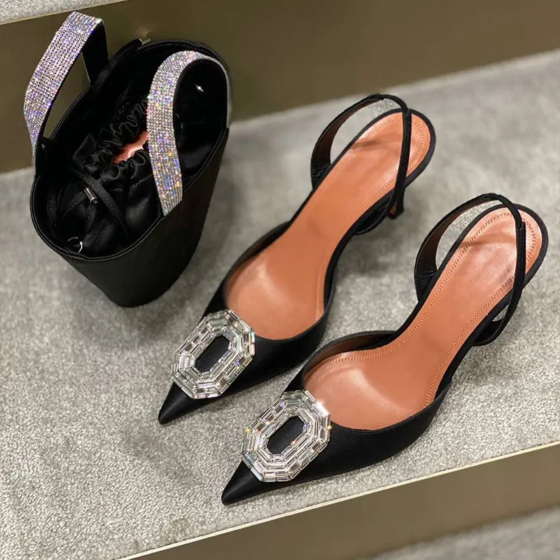 Rhinestone Buckle Bag Head Sandals 2025 New European and American Celebrities Pointed Thin Heels Hollow Banquet High Heels