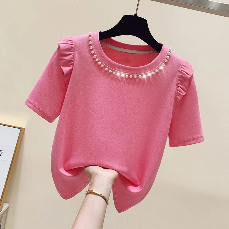 Sweet Ruffled Short-sleeved T-shirt Women's 2025 Summer New Fashion Beaded Round Neck Slim-fit All-match Top